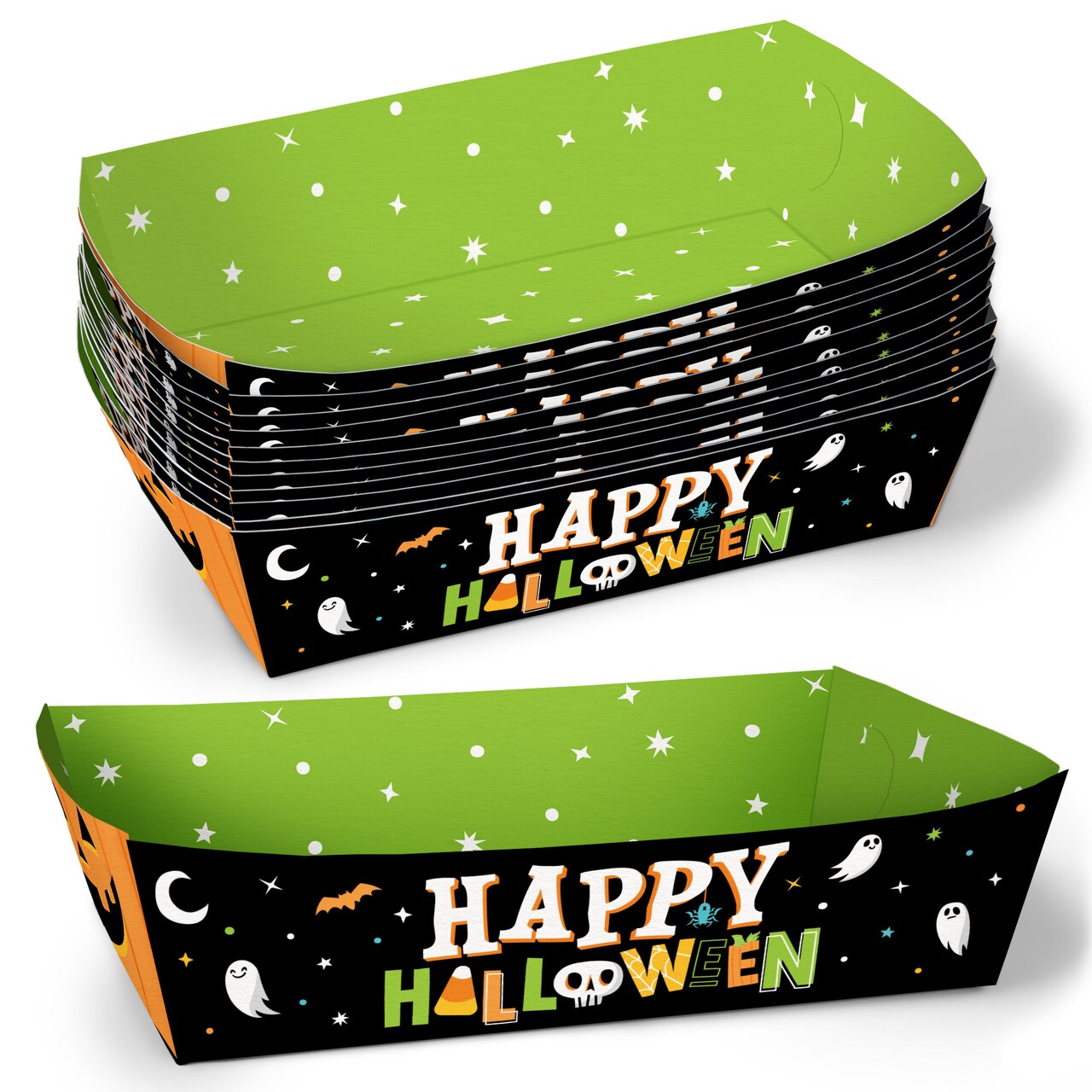 Big Dot of Happiness Jack-O'-Lantern Party Paper Food Trays, Disposable Food Boats for Kids Halloween Party, Double-Sided Meal Holders - 12 Ct